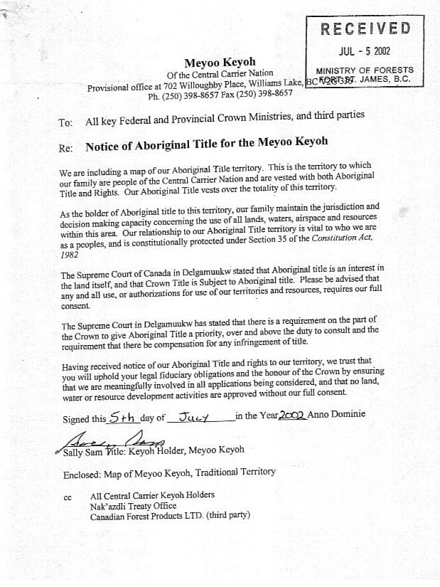 Notice of Aboriginal Title
